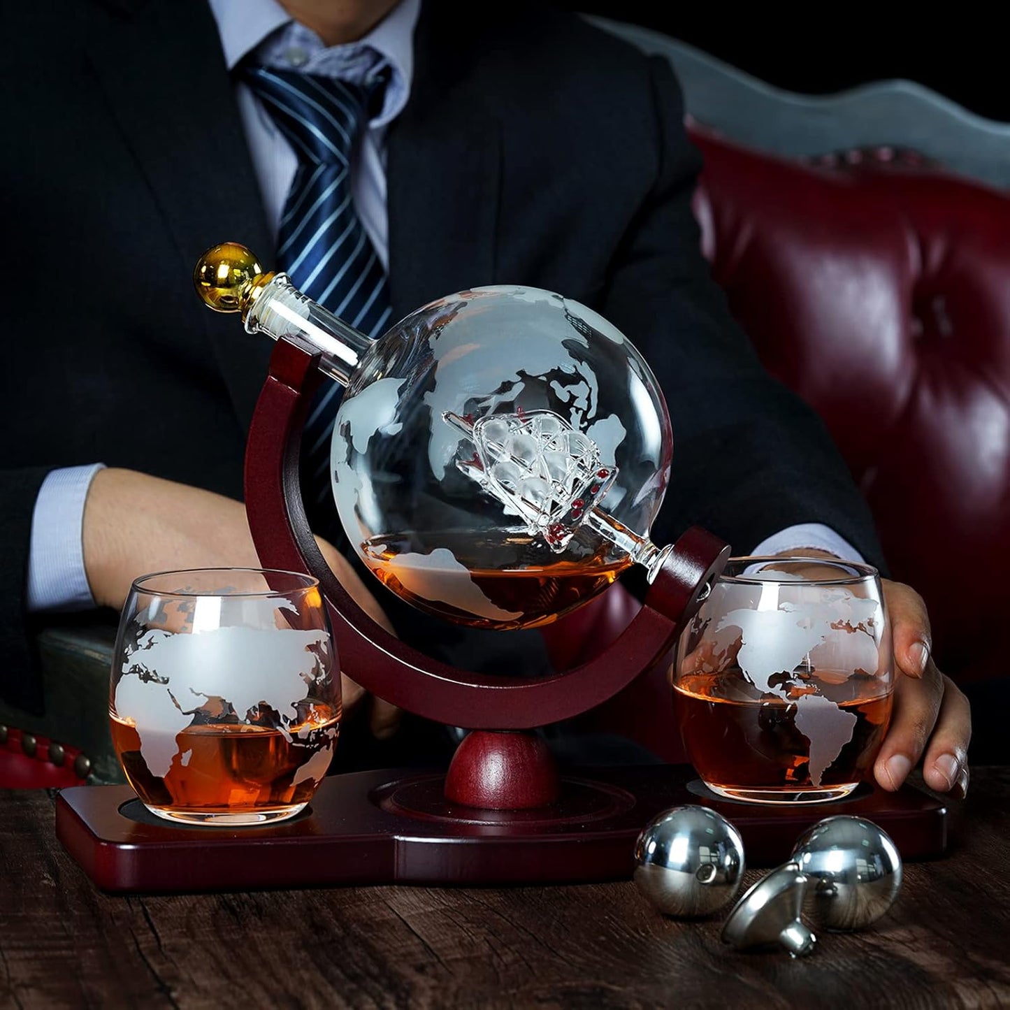 Gifts for Men Dad Christmas, Whiskey Decanter Globe Set with 2 Ball Stones & 2 Glasses