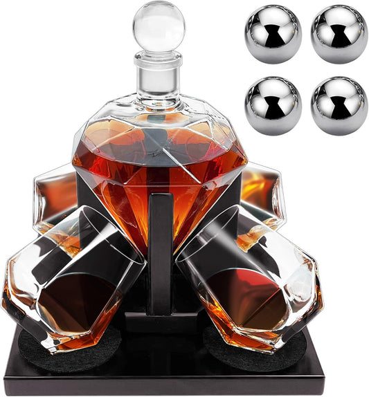 Whiskey Decanter Set, Diamond Decanter Set with 4 Glasses 4 Whiskey Stones, Decanter Whiskey Set Gifts for Men