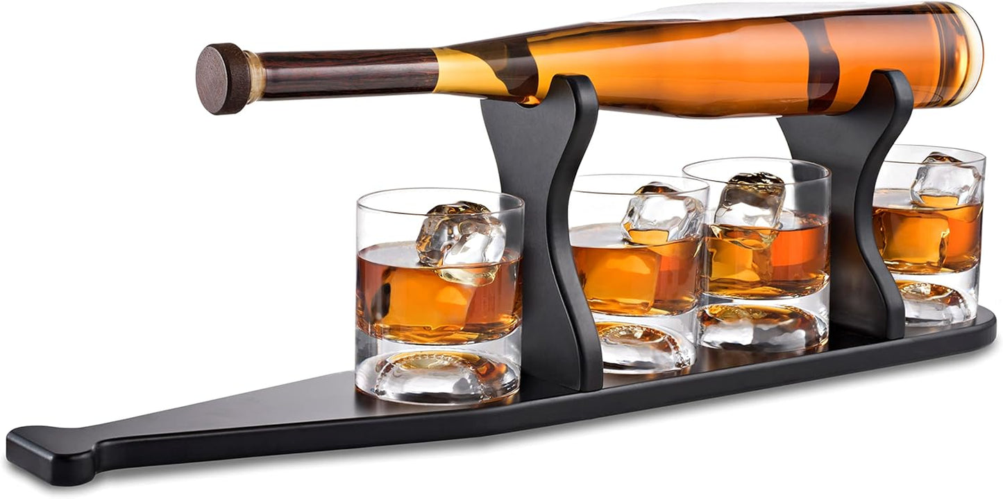 Baseball Bat Whiskey & Wine Decanter - 4 Baseball Glasses, Spirits Set - Coach Gifts for Dad, Boyfriend, Brother, Friend - For Whiskey & Wine