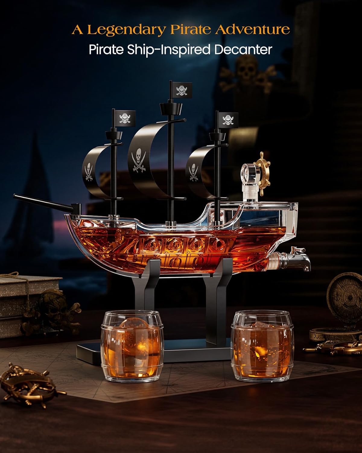 Birthday Gifts for Men Dad, Pirate Ship Whiskey Decanter Set with 2 Glasses, Liquor Dispenser for Home Bar, Funny Gift Ideas for Him, Husband, Father, Boyfriend, Christmas, Sailor & Captain