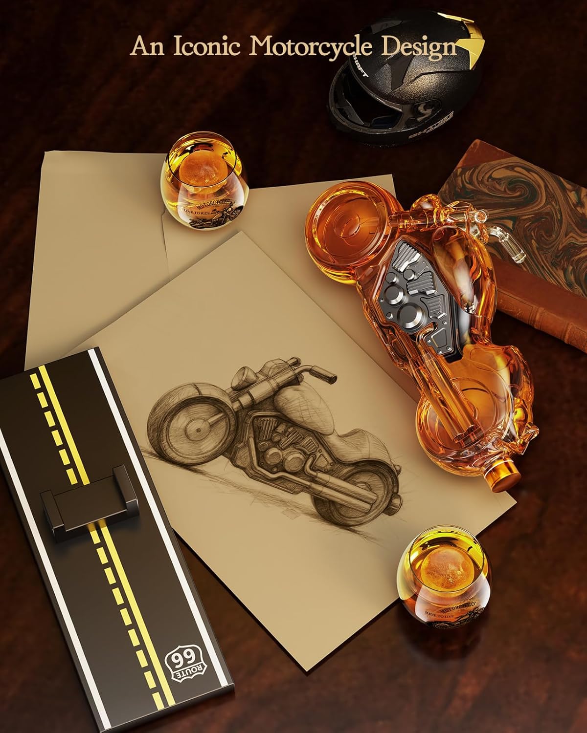 Birthday Gifts for Men Dad, Motorcycle Whiskey Decanter Set with 2 Glasses, Liquor Dispenser for Home Bar, Unique Gift for Him, Father, Boyfriend, Anniversary, Biker & Motor Lover, Christmas