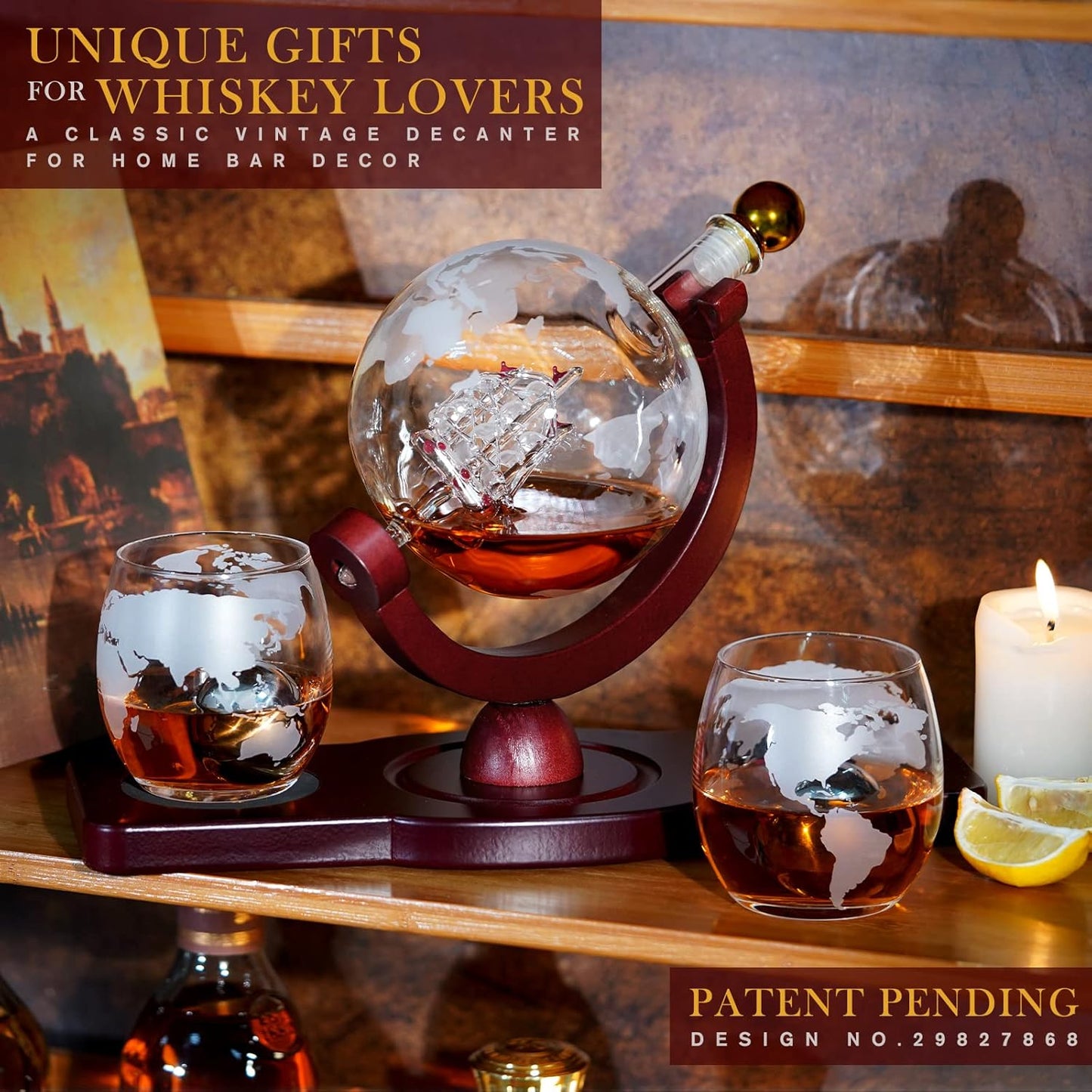 Gifts for Men Dad Christmas, Whiskey Decanter Globe Set with 2 Ball Stones & 2 Glasses