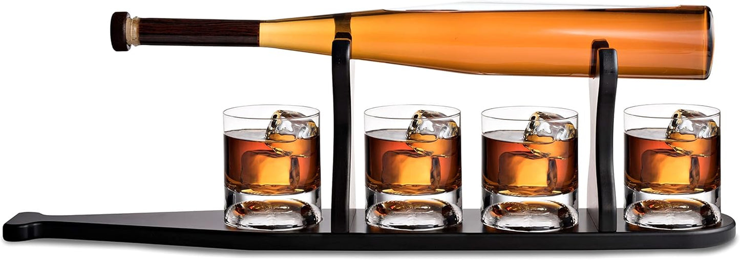 Baseball Bat Whiskey & Wine Decanter - 4 Baseball Glasses, Spirits Set - Coach Gifts for Dad, Boyfriend, Brother, Friend - For Whiskey & Wine