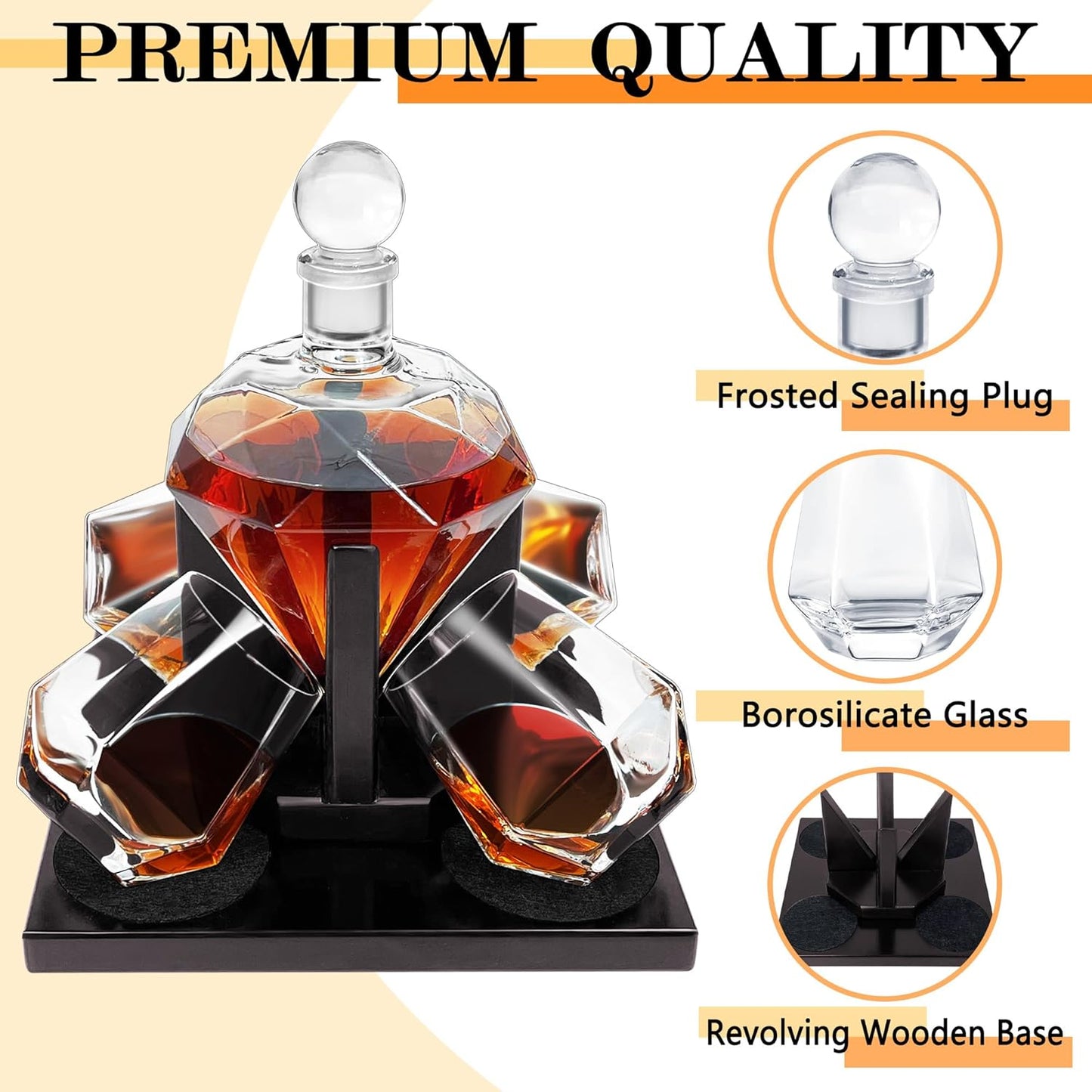 Whiskey Decanter Set, Diamond Decanter Set with 4 Glasses 4 Whiskey Stones, Decanter Whiskey Set Gifts for Men