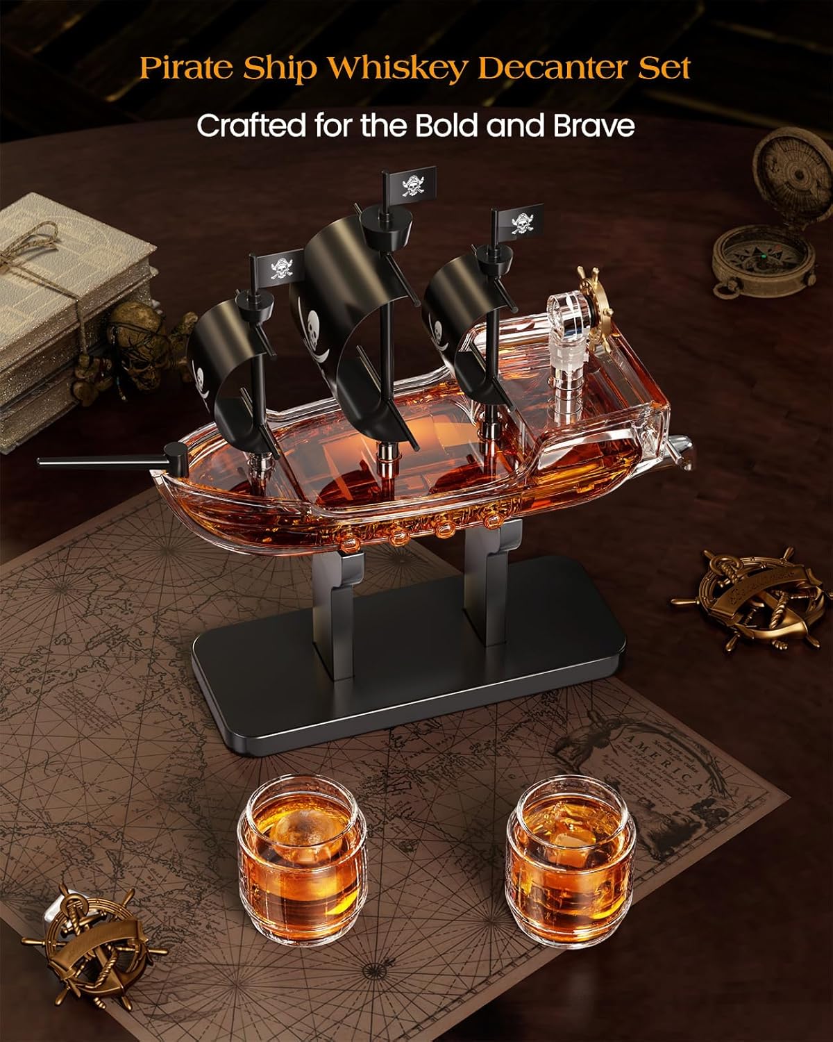 Birthday Gifts for Men Dad, Pirate Ship Whiskey Decanter Set with 2 Glasses, Liquor Dispenser for Home Bar, Funny Gift Ideas for Him, Husband, Father, Boyfriend, Christmas, Sailor & Captain