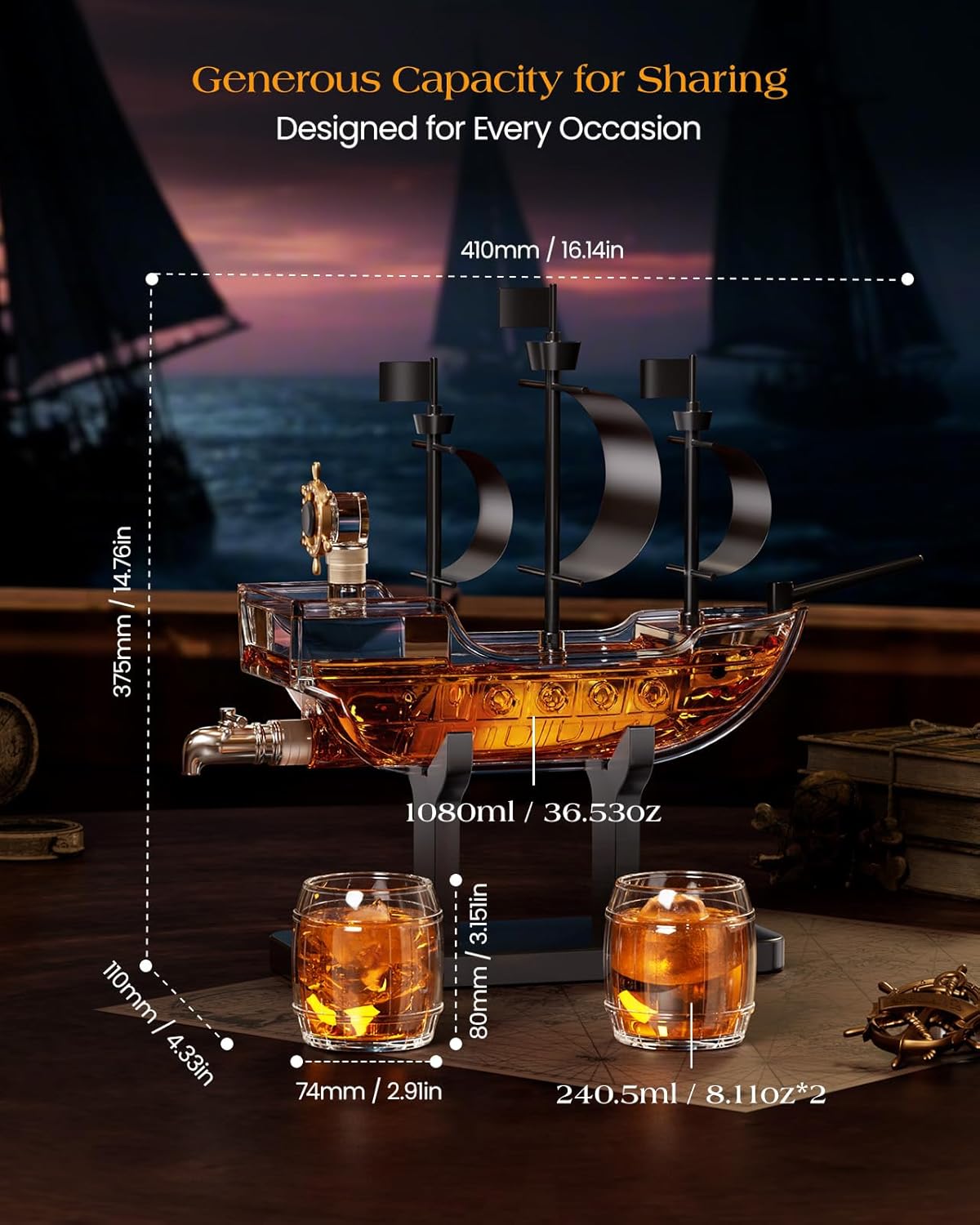 Birthday Gifts for Men Dad, Pirate Ship Whiskey Decanter Set with 2 Glasses, Liquor Dispenser for Home Bar, Funny Gift Ideas for Him, Husband, Father, Boyfriend, Christmas, Sailor & Captain