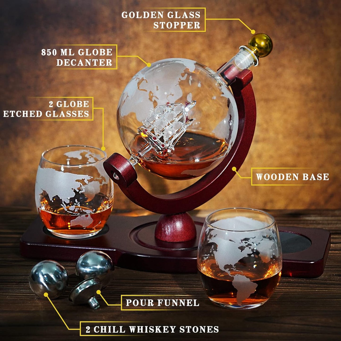 Gifts for Men Dad Christmas, Whiskey Decanter Globe Set with 2 Ball Stones & 2 Glasses